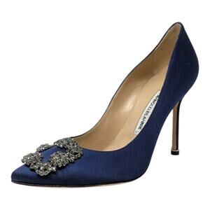 Manolo Blahnik Hangisi 105 crystal embellished pump heel navy blue satin 38.5